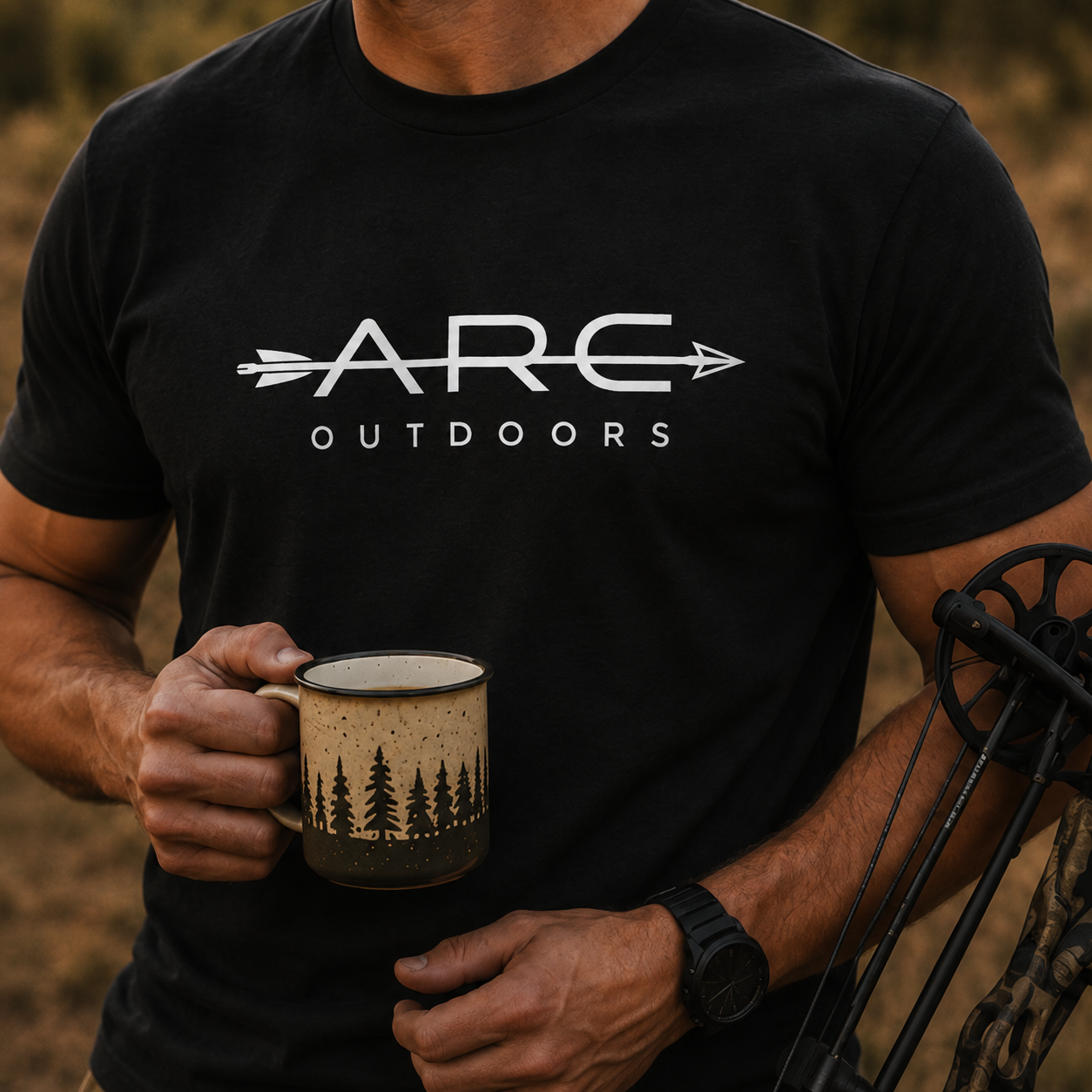 Close-up of black ARC Outdoors ARC tee with white chest logo