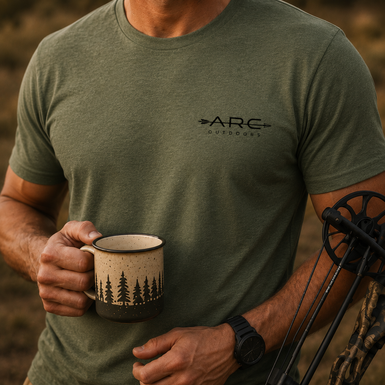 Close-up of field olive ARC Outdoors tee with enamel mug and compound bow