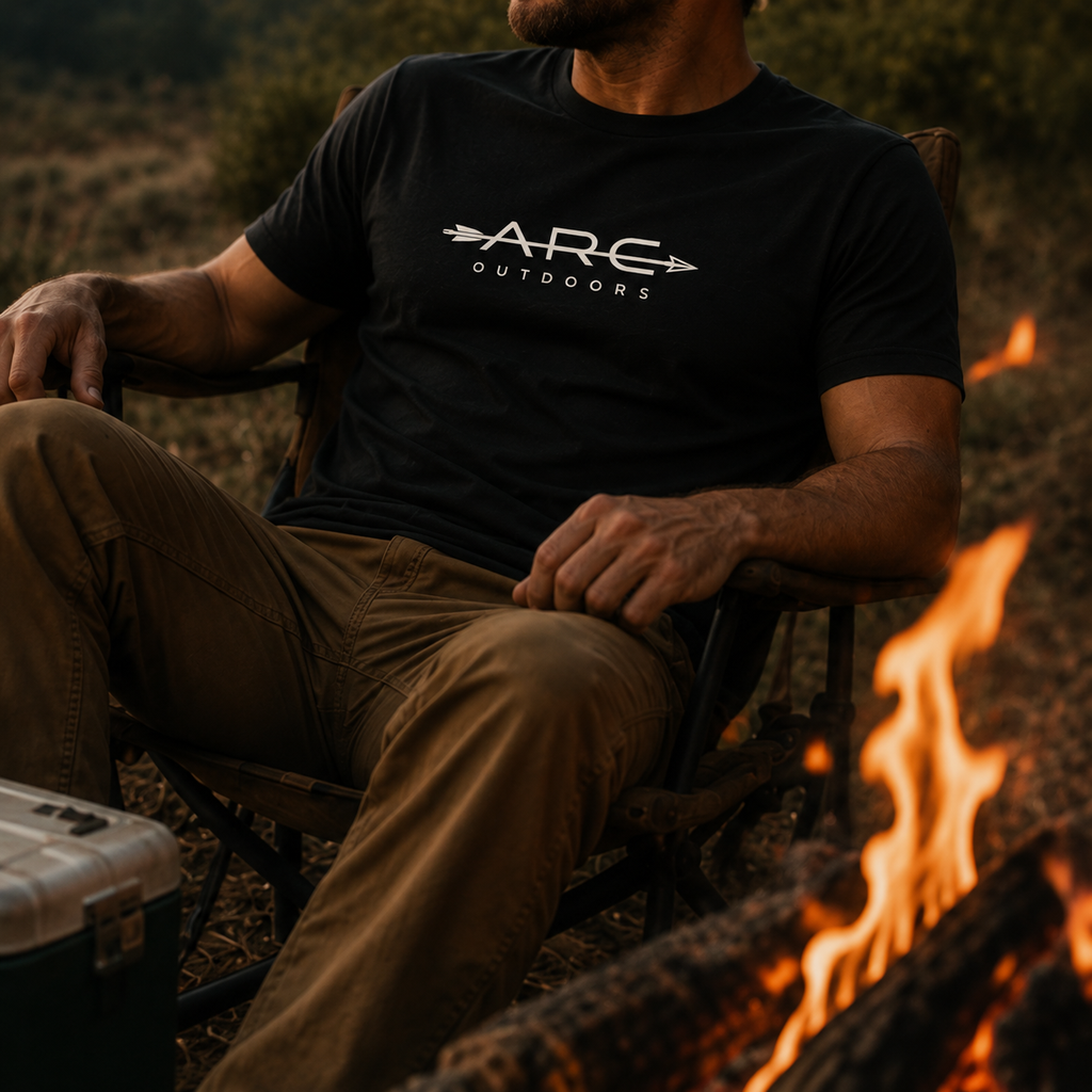 Black ARC Outdoors ARC tee with white chest logo by a campfire
