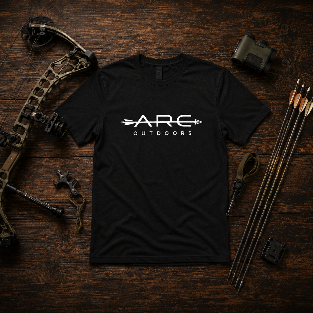 Black ARC Outdoors ARC tee with bow and archery accessories