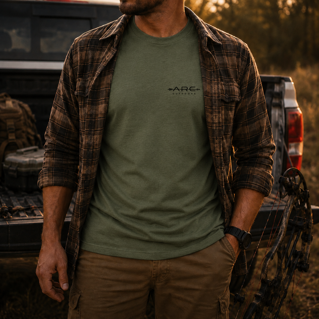Man wearing field olive ARC Outdoors tee under plaid flannel near a truck