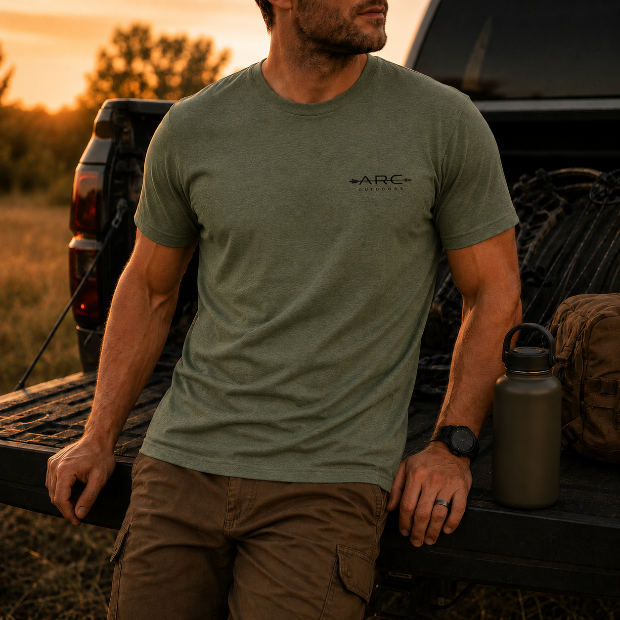 Man wearing field olive ARC Outdoors tee leaning on a truck with gear