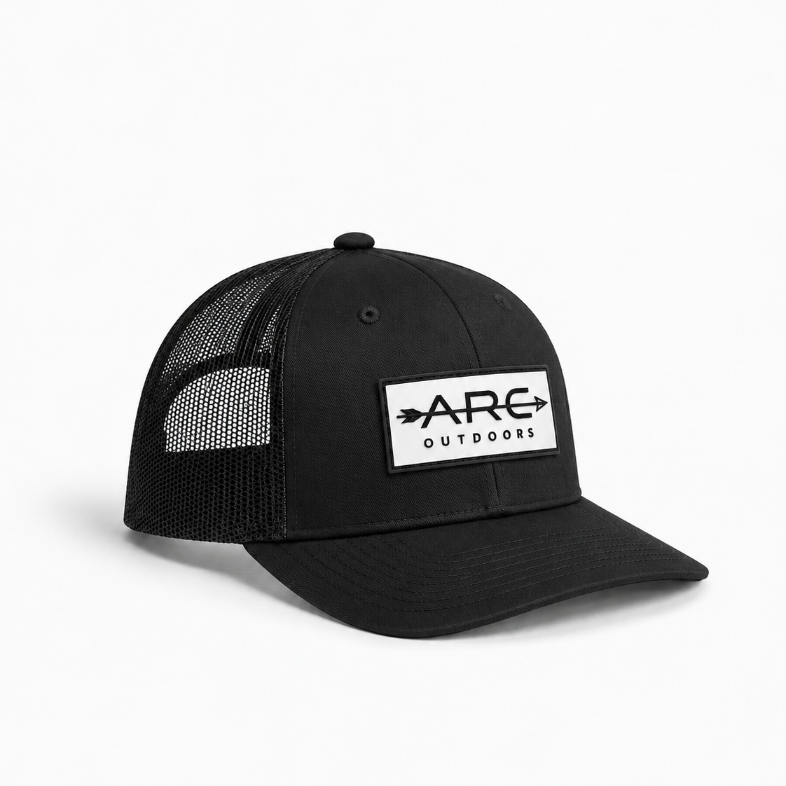 A black trucker-style cap with a white rectangular patch on the front that reads 'ARC OUTDOORS' with arrow graphics, shown on a clean white background.